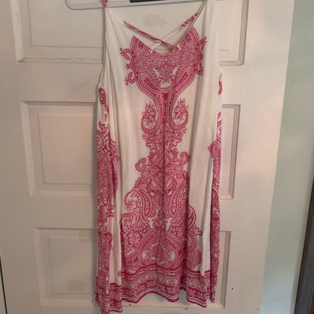 Pink and white patterned mini dress